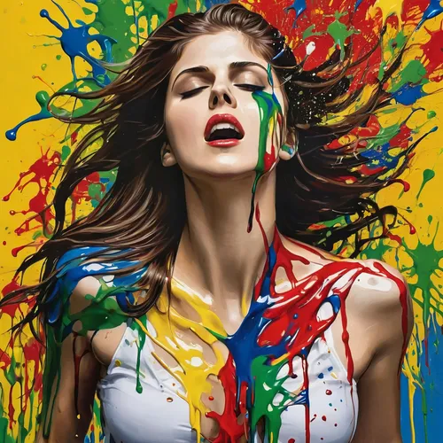 Alexandra Daddario exótica, cabelos ao vento, tinta a óleo escorrendo no corpo,  amarelo, vermelho, azul, verde e branco,bodypainting,cool pop art,paint splatter,popart,pop art style,pop art colors,mo