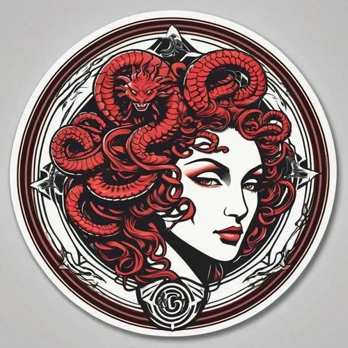 Fantasy emblem logo for game token depicting the gorgon Medusa (including the word "Medusa"), black and red tones, illustration, vibrant ((circular token)) on white background,a woman is depicted in t