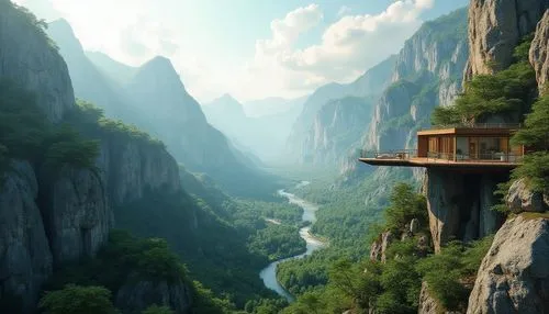 tigers nest,hushan,wudang,huashan,shaoming,cliffside,mountainous landscape,fantasy landscape,futuristic landscape,mountain landscape,huangshan mountains,mountainside,house in mountains,huangshan,canyon,mountain valleys,rivendell,high landscape,zhangjiagang,skybridge,Photography,General,Realistic