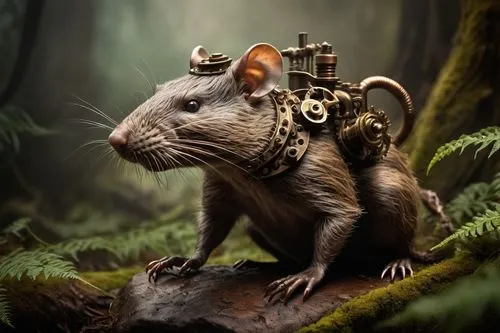 Giant rodent, giga rat, muscular body, long whiskers, brown fur, sharp teeth, claws, sitting on a rock, forest floor, misty atmosphere, ferns surrounding, ancient tree roots, warm lighting, cinematic 