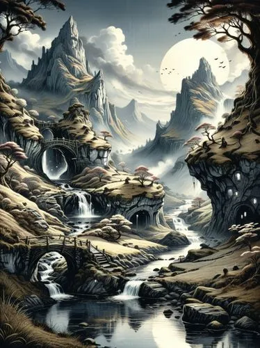 fantasy landscape,lunar landscape,paisaje,world digital painting,cartoon video game background,mushroom landscape,Illustration,Realistic Fantasy,Realistic Fantasy 25