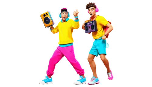 Cartoonish character, silly facial expression, exaggerated reaction, comedic gestures, bright colorful clothing, oversized shoes, holding a boombox, pressing buttons, funny sound waves, 3D bubbles, dy