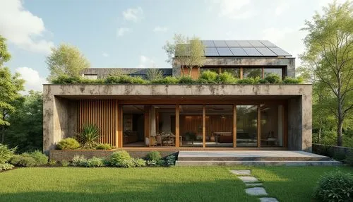 grass roof,3d rendering,solarcity,passivhaus,roof landscape,mid century house,wooden roof,folding roof,render,wooden house,garden elevation,modern house,timber house,solar panels,landscaped,landscape design sydney,energy efficiency,electrohome,revit,bifacial,Photography,General,Realistic