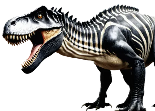 Dinosaur, black and white stripes, Tyrannosaurus Rex, powerful legs, sharp teeth, scaly skin, fierce eyes, solo, close-up, 3/4 composition, high contrast lighting, detailed texture, cinematic composit