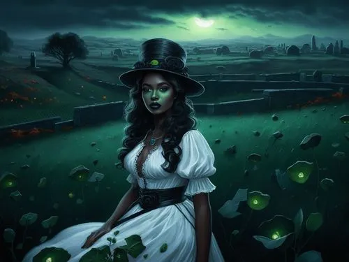 elphaba,wicked witch of the west,unkei,samhain,rasputina,fantasy picture,fantasy portrait,vampire woman,green aurora,victorian lady,halloween witch,isoline,witching,vampire lady,bewitching,verde,absinthe,gothic woman,leota,green apples,Illustration,Realistic Fantasy,Realistic Fantasy 25