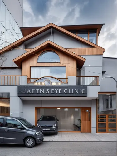 Eye clinic on the ground floor with residence above. Facade treated with light grey walls , wood finishes and glass giving urban and contemporary feel,clinic,chiropractic,vision care,ophthalmologist,c