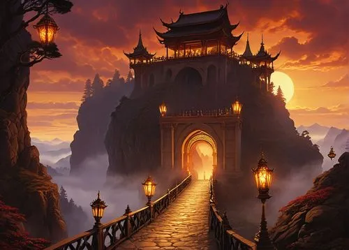 dragon bridge,forbidden palace,fantasy landscape,iron gate,victory gate,heaven gate,golden bridge,city gate,fantasy picture,chinese temple,hanging temple,tori gate,gateway,archway,rock gate,hall of supreme harmony,the mystical path,meteora,asian architecture,world digital painting,Illustration,Retro,Retro 01