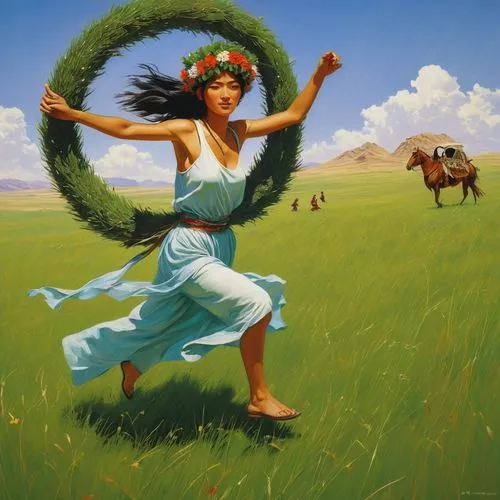 little girl in wind,girl with a wheel,hula,cartwheel,flying dandelions,flying seed,mother earth,flying disc,girl in a wreath,girl lying on the grass,kyrgyz,haymaking,woman of straw,inner mongolian beauty,woman playing,frolicking,flying girl,flying seeds,spring equinox,novruz,Conceptual Art,Fantasy,Fantasy 04