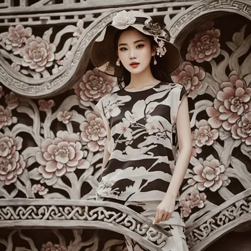 vintage asian,oriental princess,oriental girl,vintage floral,ornate,mt seolark,miss vietnam,mandu,ao dai,oriental painting,porcelain rose,elegant,floral dress,elegance,asian woman,phuquy,black and white pattern,vietnamese woman,vintage dress,girl on the stairs