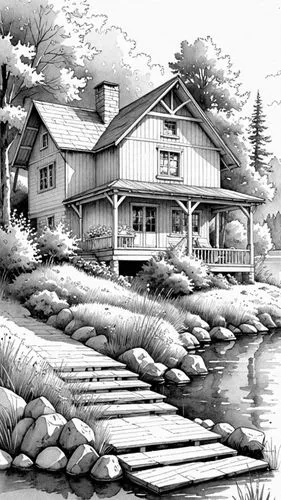 the drawing of a house in a country area,cottage,boathouses,houses clipart,summer cottage,house with lake,fisherman's house,Design Sketch,Design Sketch,Detailed Outline