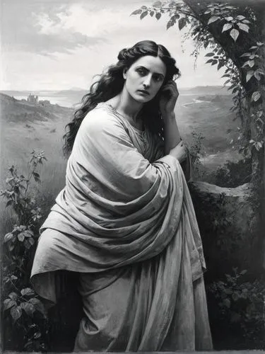 Impressively transform the famous work of the 19th century German painter Anselm Feuerbach into a contemporary high-resolution black and white photograph.,a woman holding a blanket to her face,medea,m