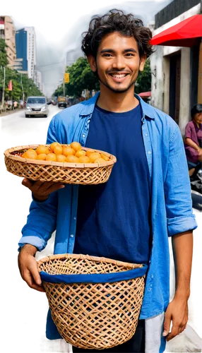 Jakarta street vendor, male, 30s, messy hair, worn-out clothes, friendly smile, holding traditional food basket, standing in front of colorful Jakarta city street, warm sunny day, shallow depth of fie