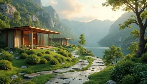 teahouse,home landscape,house in mountains,asian architecture,house in the mountains,landscaped,house by the water,zen garden,amanresorts,roof landscape,house with lake,beautiful home,yinzhen,seclude,fantasy landscape,landscaping,japanese zen garden,shaoming,teahouses,landscape background,Photography,General,Realistic