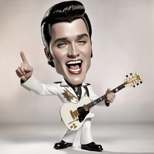 Caricature style drawing of a celebrity, big head, small body, exaggerated facial expressions. A 3D animated character resembling Elvis Presley, wearing a whiteA jumpsuit with red and gold accents, bl