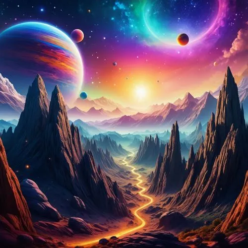 Imagine a fantastical universe where multiple planets of varying sizes and colors float in space. Each planet has its own unique features, such as glowing rings, mysterious landscapes, and vibrant atm