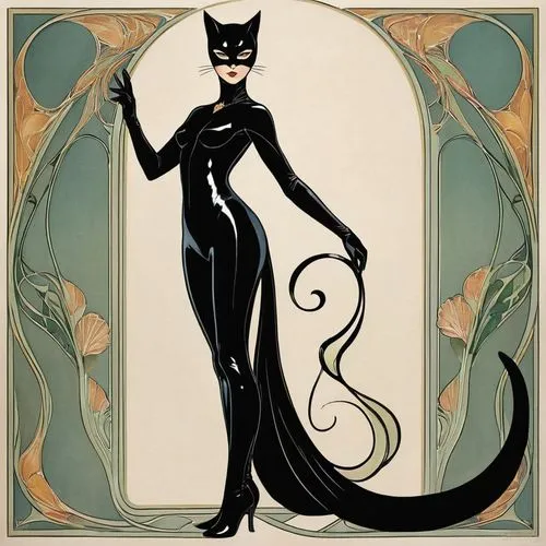 art deco woman,fledermaus,catwoman,art nouveau frame,selina,black cat,art deco frame,art nouveau frames,pyewacket,halloween black cat,zatara,villainess,bastet,art deco,female silhouette,phryne,macavity,burlesques,sissel,art deco background,Illustration,Retro,Retro 08