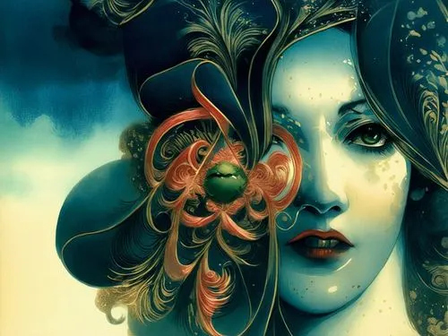 Beautiful china girl, full dark curly hair, big green almond eyes, full red lips, misty sky,a painting depicting the face of a woman with large eyes,viveros,melusine,persephone,fractals art,fairie,the