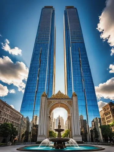 Grandiose skyscraper, modern architecture, sleek metallic exterior, reflective glass windows, intricate stone carvings, majestic entrance archway, ornate fountain, sprawling cityscape, sunny day, clea