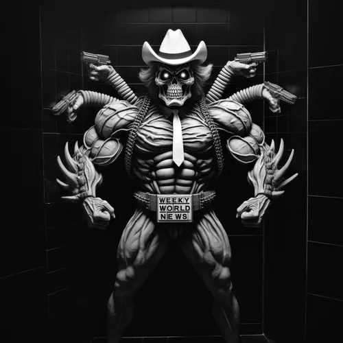 Black and white full-body photograph of the final boss of the Waffle House in the style of the Weekly World News,muscle man,bodybuilding,bodybuilder,body building,body-building,greyskull,muscle icon,m