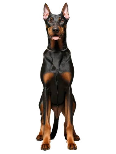 Doberman Pinscher, adult male, black coat, muscular body, athletic build, sharp teeth, pointed ears, piercing brown eyes, standing pose, front legs apart, tail held high, shiny fur, detailed texture, 