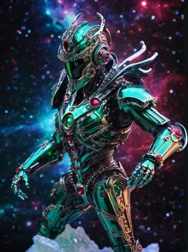 an amazing cybernetic warrior in the middle of the galaxy, a kind of space hero drifting in the open space, (sci fi, fantasy), detailed, complex, sophisticated, crystals, rubies, emeralds ((sculpture 