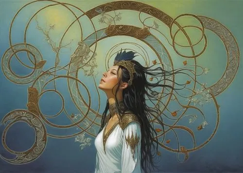 a painting with the image of a woman in white,lughnasadh,dream catcher,qabalah,dreamcatcher,girl with a wheel,golden wreath,Illustration,Realistic Fantasy,Realistic Fantasy 03