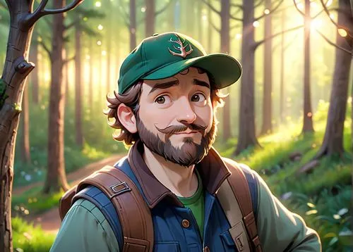 A 45 year old man, he is a forester, he is wearing a cap with a deer logo on it, his beard is chesnuts colored, hes is wearing forester clothes green and brown colored,a man is wearing a green hat and