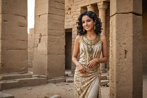 full body shot of a young woman egiptian, ((wavy black hair to the side of his neck)), round face, beautiful face, serene expression, shy smile, gold necklace and large earrings, in a former egyptian 