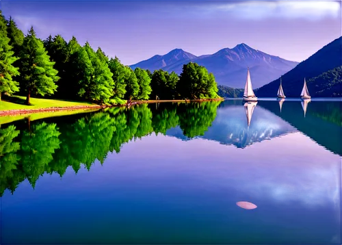 Serene lake, calm water, mirror-like reflection, surrounding mountains, lush green trees, few sailboats, gentle ripples, sunny afternoon, warm soft light, 3/4 composition, shallow depth of field, vibr