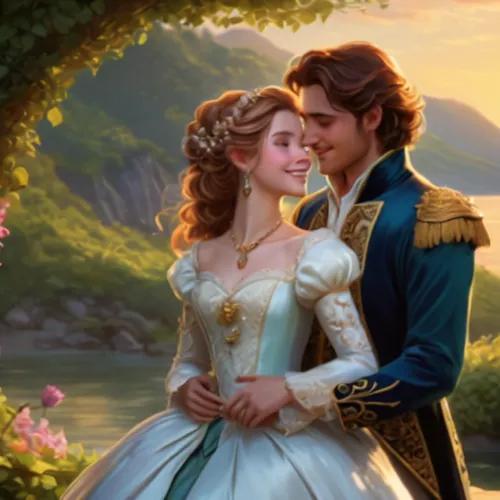 romantic portrait,romance novel,romantic scene,prince and princess,a fairy tale,fairytale,young couple,beautiful couple,serenade,fairy tale,tangled,waltz,fantasy picture,cg artwork,princess anna,courtship,princess sofia,throughout the game of love,disney rose,loving couple sunrise