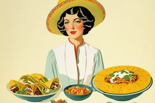 mexican foods,retro 1950's clip art,tex-mex food,cooking book cover,vintage illustration,mexican food,latin american food,vintage dishes,tortillas,tacos food,woman holding pie,southwestern united states food,arroz con pollo,recipes,menu,pozole,food icons,food collage,mexican food cheese,mediterranean cuisine,Illustration,Retro,Retro 15