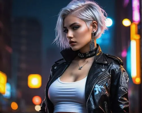 cyberpunk,bolero jacket,leather jacket,jean jacket,punk,denim jacket,femme fatale,futuristic,jacket,neon light,retro woman,cool blonde,grunge,neon lights,retro girl,photo session at night,neon,leather,aura,colorful background,Conceptual Art,Sci-Fi,Sci-Fi 18