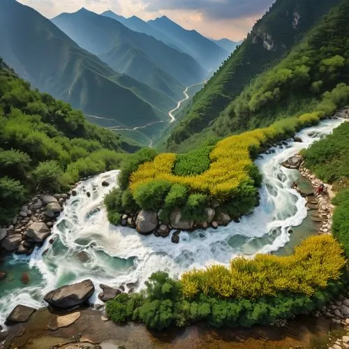 river landscape,yunnan,sichuan,mountain river,yangtze,mountainous landscape,mountain stream,jiuzhaigou,guizhou,flowing water,nature wallpaper,gioc village waterfall,wenchuan,mountain spring,yuanshan,shaoming,south korea,mountain landscape,haicang,wudang,Art,Classical Oil Painting,Classical Oil Painting 14