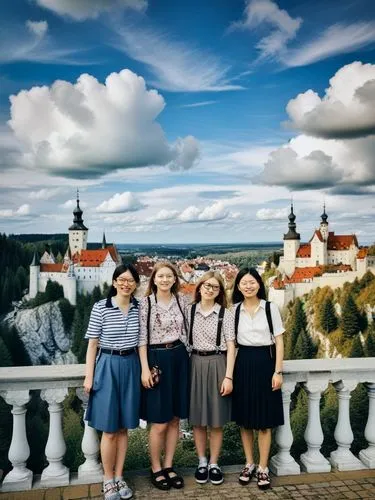 Three female Asian tourists in Sigmaringen in glorious summer weather with a deep blue sky.,three girls are standing together by a railing,krumlov,mikulov,bastei,český krumlov,estonians,eastern europe