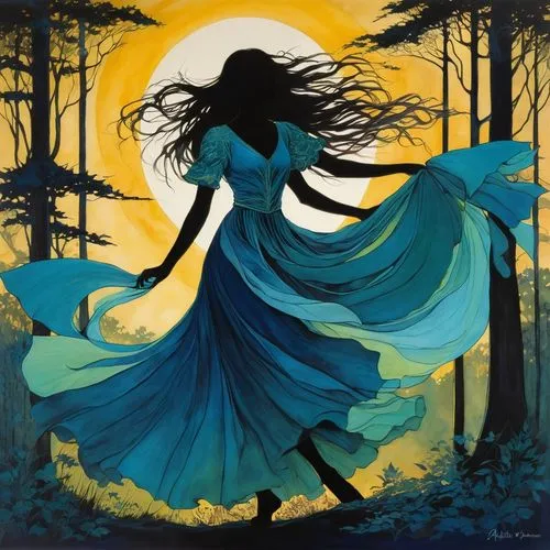  silhouette,ballerina in the woods,dance silhouette,dance with canvases,faerie,seelie,Illustration,Realistic Fantasy,Realistic Fantasy 16