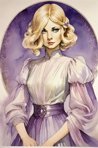 la violetta,victorian lady,zodiac sign libra,fairy tale character,white lady,rapunzel,white rose snow queen,libra,frula,pale purple,eglantine,horoscope libra,jessamine,angelica,veil purple,blonde woman,jane austen,violet,darjeeling tea,vintage doll,Digital Art,Watercolor