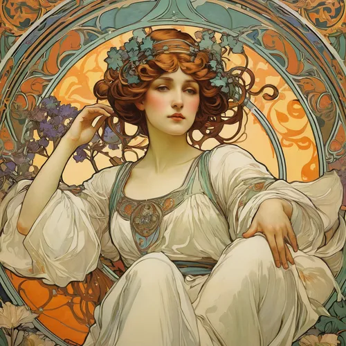 mucha,art nouveau,alfons mucha,art nouveau design,art nouveau frames,art nouveau frame,art deco woman,artemisia,golden wreath,virgo,orange blossom,zodiac sign libra,flora,priestess,fantasy portrait,transistor,girl in a wreath,rusalka,psyche,venus,Illustration,Retro,Retro 03