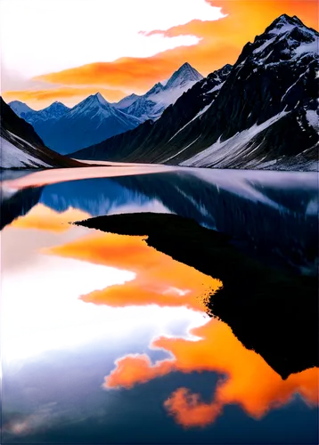 Mountain landscape, sunset, majestic peak, snow-capped, rugged terrain, serene lake reflection, misty atmosphere, vibrant orange hues, warm golden light, soft clouds, 3/4 composition, shallow depth of