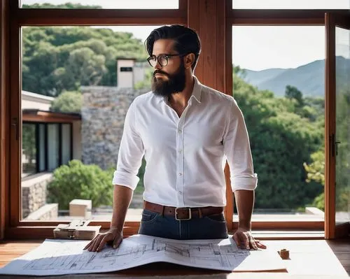 male, architect, 30s, black hair, glasses, beard, white shirt, rolled-up sleeves, dark jeans, leather belt, brown shoes, holding blueprints, standing, modern villa, large windows, minimalist interior,