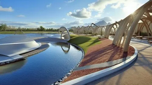 colorado riverway bridge,futuroscope,wooden bridge,qlizabeth olympic park,guitar bridge,golf resort,Photography,General,Realistic