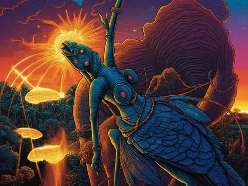 sunset at africa,tretchikoff,nausicaa,sci fiction illustration,dreadstar,klaatu,moebius,kadath,eternia,emshwiller,shamanic,apocalypse,oteil,megalon,nyarlathotep,alien warrior,prog,kaijuka,afrofuturism