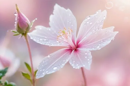 Floral Althea, delicate petals, soft pink, white center, slender stem, leaves with intricate veins, garden setting, warm sunlight, gentle breeze, dew droplets, macro shot, bokeh effect, shallow depth 