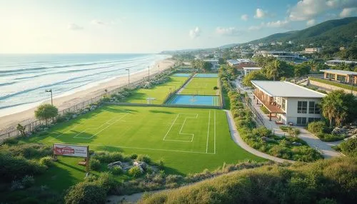 Seaside sports complex, lush green turf, oceanfront views, sandy beach transitions, driftwood benches, nautical-themed signage, weathered wooden fences, salt-tolerant landscaping, coastal erosion prot