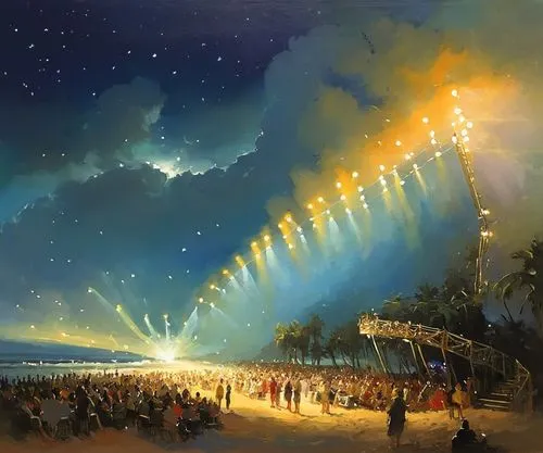 a painting shows people at the beach watching a concert,aivazovsky,fireworks art,pentecostalists,illuminations,the eruption,pentecost,Illustration,Realistic Fantasy,Realistic Fantasy 16