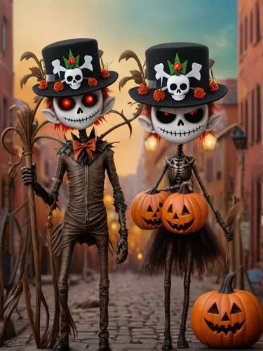 HALLOWEEN,two skeleton figurines, one wearing a top hat and the other with skeleton decorations, are standing in an alley in halloween town,pumpkin heads,halloween background,banditos,halloween wallpa