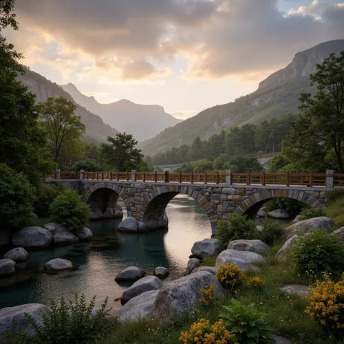 Rustic bridge, natural stone arches, wooden railings, lush greenery, vibrant flowers, serene water flow, misty atmosphere, soft warm lighting, shallow depth of field, 3/4 composition, panoramic view, 