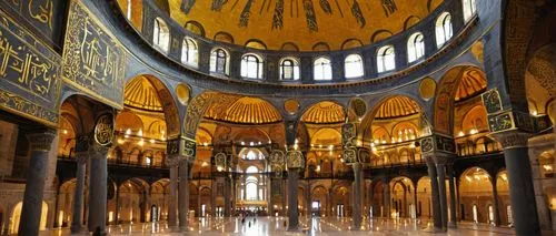 Byzantine architecture, Hagia Sophia, Istanbul, Turkey, grand interior, high ceiling, intricate mosaics, golden domes, ornate chandeliers, marble floors, Islamic calligraphy, Christian Orthodox influe