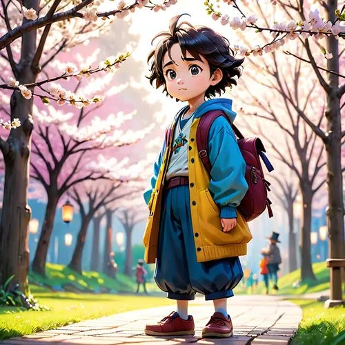 arrietty,studio ghibli,japanese sakura background,takato cherry blossoms,ghibli,walking in a spring,Anime,Anime,Cartoon