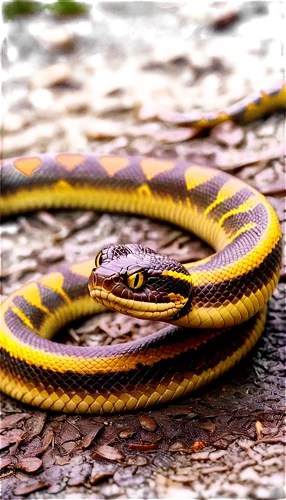 Snake, coiled posture, scaly skin, brown and yellow stripes, forked tongue out, beady eyes, solo, morning dew, soft natural light, 3/4 composition, shallow depth of field, warm color tone, cinematic l