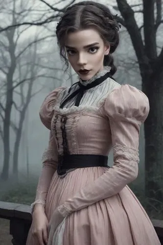 Victoria Everglot has a pale, translucent complexion, with a matte and opaque appearance that enhances her ghostly presence. She has dark brown hair that is tied up. Big, sad eyes. She has a haggard e